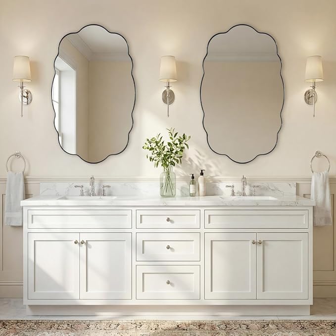 ANDY STAR Brushed Nickel Wavy Oval Bathroom Mirror,24x40 Inch Silver Scalloped Wall Mirror, Unique Irregular Wall Mirror with Sophisticated Curved Design
