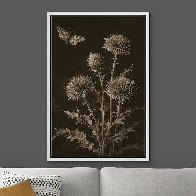Woodrose Framed Canvas Print Wall Art Sepia Botanical Thistle with Butterfly Vintage Illustrations Modern Art Minimalist 3D Colorful Ultra for Living Room, Bedroom, Office - 24"x36" WHITE