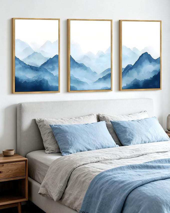 KUVIOKE Blue Watercolor Mountains in Fog Framed Wall Art Wilderness Nature Landscape Painting Rustic Scenic Relax Cool Room Decor for Bedroom Dining Room 24x36in (Natural Framed)
