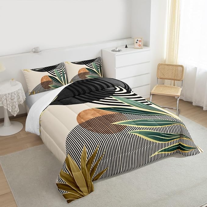 Erosebridal Mid Century Modern Comforter Set Full Boho Botanical Minimalist Bedding Set,Vintage Line Art Down Comforter Modern Simple Abstract Aesthetic Duvet Insert,Black Beige