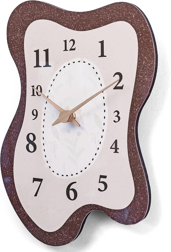 Mid Century Retro Irregular Shape Wall Clock, Silent Non-Ticking Battery Operated, 14 x 10 Inch Vintage Boho Brown Art Clock for Living Room, Bedroom, Entryway, Mantel Decor