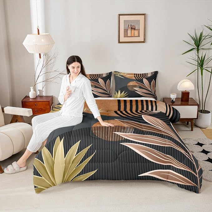 Erosebridal Boho Mid Century Comforter Set Queen Modern Minimalist Simplistic Bedding Set,Retro Geometric Aesthetic Down Comforter Line Art Duvet Insert Circle Stripes Decor,Brown Black