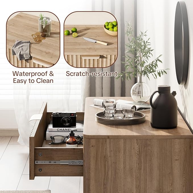 Fluted Buffet Cabinet with Storage - Modern Sideboard Accent Credenza with Doors & Drawer Wood Console Coffee Table Bar Counter for Living Room Kitchen Dining Room Entryway, Easy Assembly 31" Oak