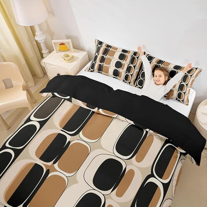Erosebridal Brown Black Geometric Comforter Cover Twin Mid Century Bedding Set Modern Abstract Duvet Cover for Kids Teen Adults,Boho Circle Round Design Bed Set