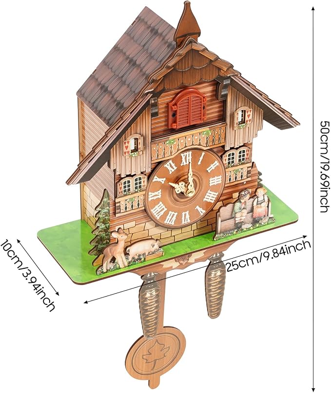 Cuckoo Clock, Retro Wooden Cuckoo Birdhouse Antique Wall Clock Forest Clock Home Decor Auto Swing with Singing Bird Vintage Chalet Design(No Battery) (Type B)