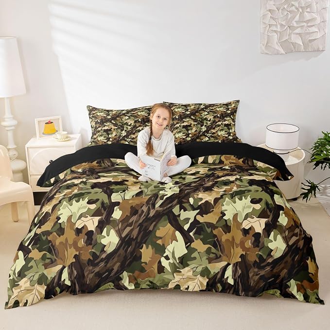 Natural Green Duvet Cover Set Botanical Leaf Plant Girl Toddler Bedding Set for Preteen Boys Girls | Rustic Western Camo Tree Comforter Cover Hunting Farmhouse Bed Sets, Room Decor Aesthetic
