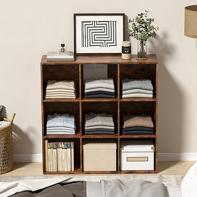 Wooden 9 Cube Storage Organizer with Closed Back Panel,Brown Cube Shelf Cubby Storage Organizers with Compartments for Living,Bookshelf,Organizers Easy to Install (Retro Brown, 9 Cube)