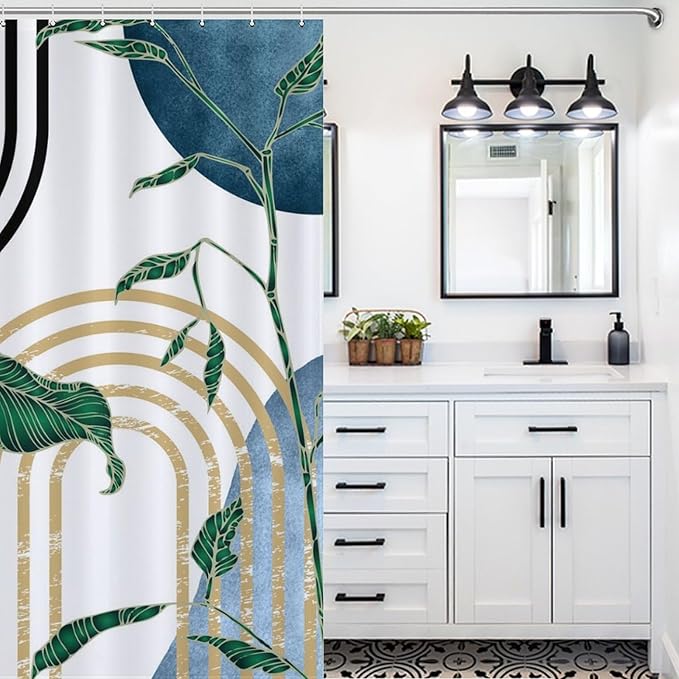Boho Plant Shower Curtain,Mid Century Blue Green Plant Leaves Shower Curtain Set for Bathroom,Bohemian Modern Abstract Minimalist Fabric Bath Curtain with Hooks,72x78Inch