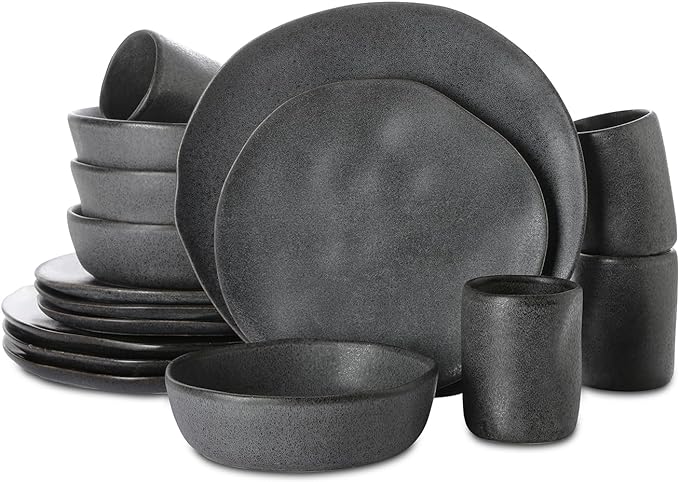 Stone by Mercer Project HEKONDA Modern Debossed Stoneware 16-Piece Dinnerware Set,Plate and Bowl Set, Dish Set for 4, Gray