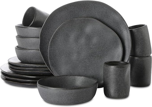 Stone by Mercer Project HEKONDA Modern Debossed Stoneware 16-Piece Dinnerware Set,Plate and Bowl Set, Dish Set for 4, Gray