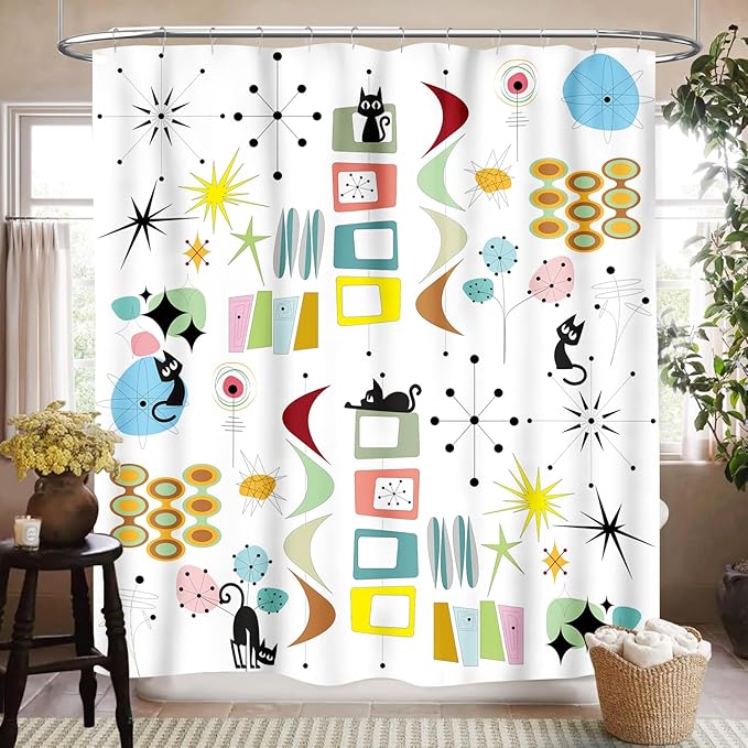 Mid Century Modern Shower Curtain for Bathroom, Rustic Black Cat Atomic Abstract Kittey Geometric Retro 1950s 1960s Waterproof Fabric Shower Curtain Set with Hooks, 72"x72"
