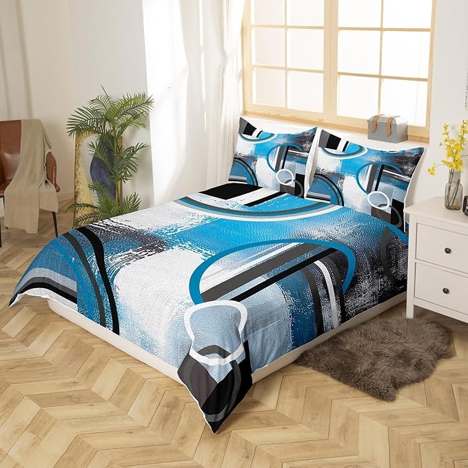 Erosebridal Navy Blue Black Grey Duvet Cover Full,Ombre Geometric Comforter Cover,Oil Painting Bedding Set,Grunge Circles Swirls Quilt Cover,Modern Abstract Artwork Bedspread Cover with Zipper,3Pcs