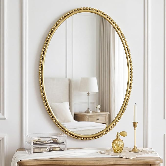 Uniclinens Vintage Wall Mirror Decor - Large Gold Oval Beaded Mirror Decor,Ideal Metal Frame Mirror for Entryway, Fireplace, Living Room, Hallway, Bathroom,24"X36"