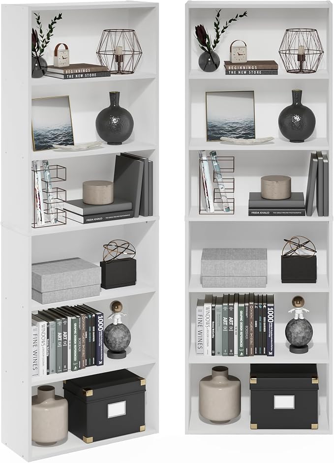 Furinno Jaya Book Shelf Set of 2, 6-Tier Bookshelf, Bookcase, 9.5 x 24.6 x 71, for Home Office, Living Room, White