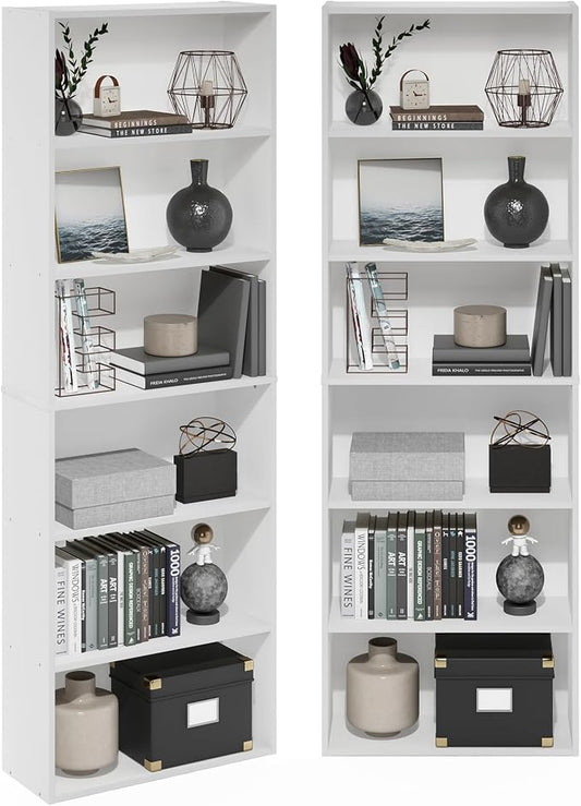 Furinno Jaya Book Shelf Set of 2, 6-Tier Bookshelf, Bookcase, 9.5 x 24.6 x 71, for Home Office, Living Room, White