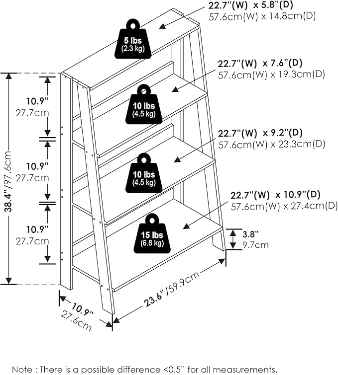 Furinno Ladder Book Shelf, 4-Tier Ladder Shelf, Open Design Bookshelf, Display Storage Bookcase, 10.9" x 23.6" x 38.4", Living Room, Home Office, Espresso