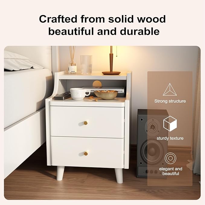 Narrow Nightstand with 2 Drawers,White Nightstand,Bedside Table,Solid Wood Modern Bedside Table for Bedroom,Study,Toilet