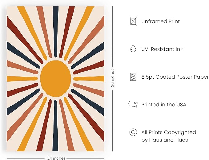 HAUS AND HUES Mid Century Modern Poster - Sun Art Print, Boho Picture for Wall, Centered Yellow Sun Rainbow Rays (Unframed 24x36)