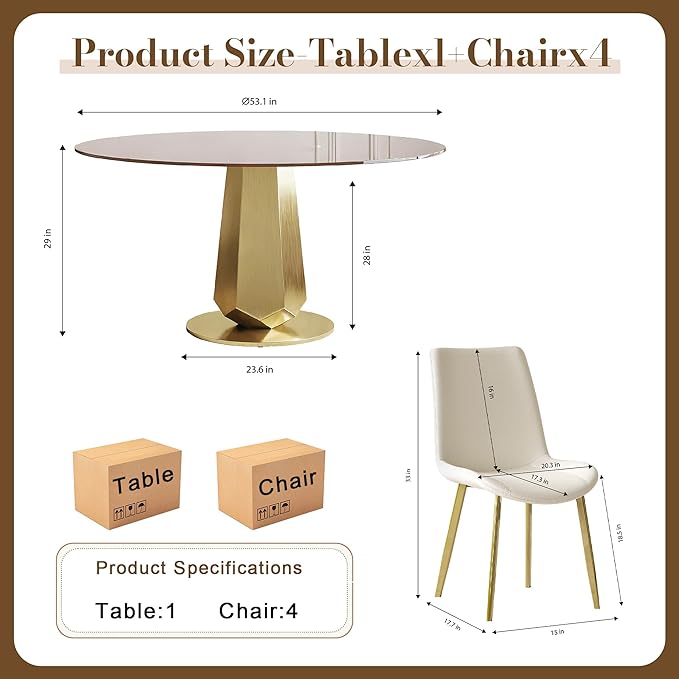 Montary 53 inch Luxury Round Dining Table Set with Smoked Glass Top & Gold Stainless Steel Base, Modern 5-Piece Kitchen Set for 4-8 People, Dining Table with 4 White PU Chairs, Easy Assembly