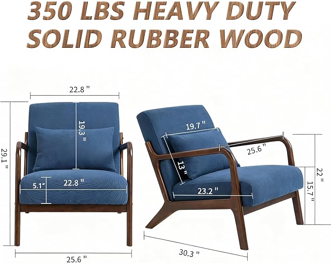 Set of 2 Mid Century Modern Accent Chair with Wooden Frame & Linen Upholstery, Comfortable Mid Century Lounge Chair with Pillow, Wooden Accent Chair for Living Room, Bedroom or Reading Corner
