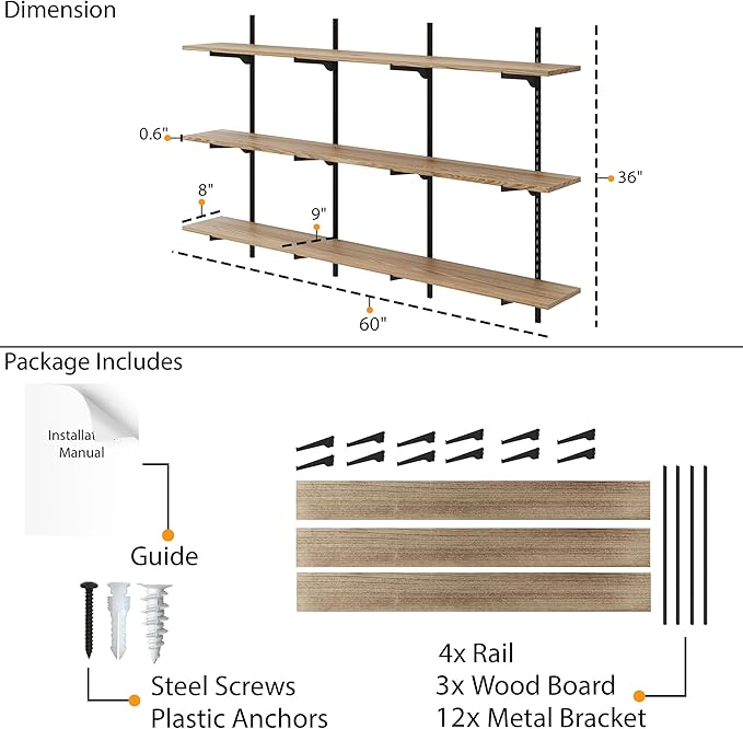 Wallniture Turin 60 Inch Long Adjustable Wall Shelf, Hanging Shelves for Wall, 8" Deep Black Floating Shelves, Living Room Shelf Decor, Office Wall Shelves, Kitchen Storage Shelves, Tier Shelf