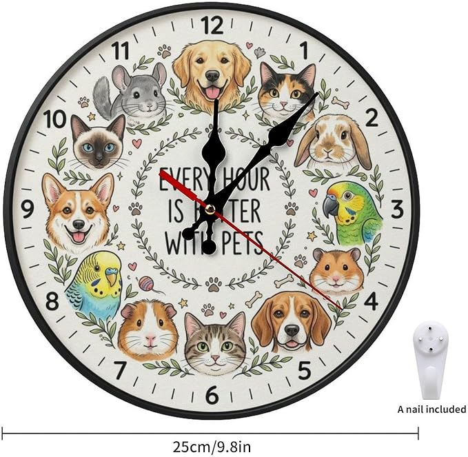 Cute Cartoon Pets Wooden Wall Clock Silent Non Ticking for Pet Lovers Home Decor Kitchen Living Room Bedroom Office Gift, Battery Operated Frameless 10/12 Inch