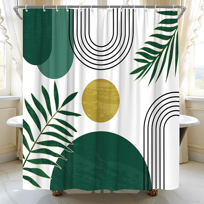 Mid Century Modern Shower Curtain Boho Green Abstract Retro Aesthetic Fabric for Bathroom Decor Bathtub with Hooks (67" WX70 H)