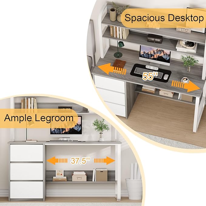 MaverickFurni Computer Desk with Hutch, 55 Inch Home Office Desk with Storage Drawers, Study Writing Desk with Shelves for Bedrrom, Adjustable Feet, Grey