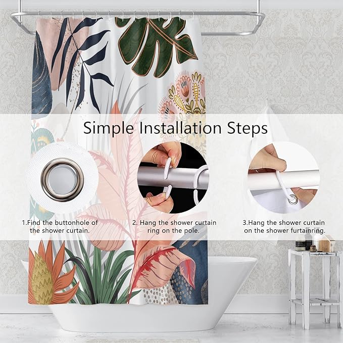 Abstract Mid Century Bathroom Shower Curtain - Colorful Boho Tropical Leaves With Hooks, Polyester Waterproof Fabric for Home Bathtub Decor, 65x72 Inch