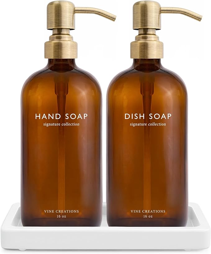 Vine Creations Amber Glass Soap Dispenser Set, Kitchen Soap Dispenser Set with Ceramic Tray, 16 oz Dish Soap and Hand Soap Dispensers with Stainless Steel Pump Decor (Amber Bottle/Brushed Brass)