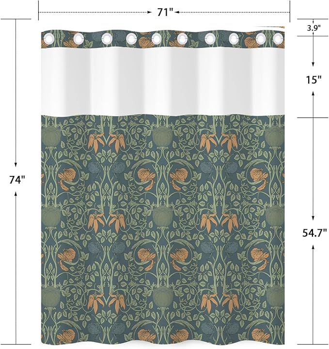 No Hook Shower Curtain with Snap in Liner - Vintage Dark Green Botanical Floral Print, Hookless Bath Curtain with Mesh Top for Dark Academia & Moody Victorian Bathroom Decor, 71W x 74H