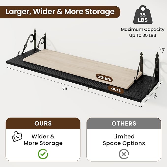 RICHFOCUS 12 Inch Deep Floating Shelves for Wall, 39" W x 12" D Black Wood Wall Shelves Set of 2, Wide Floating Shelves for Living Room, Bedroom, Kitchen, Bathroom and Decor Storage, Black