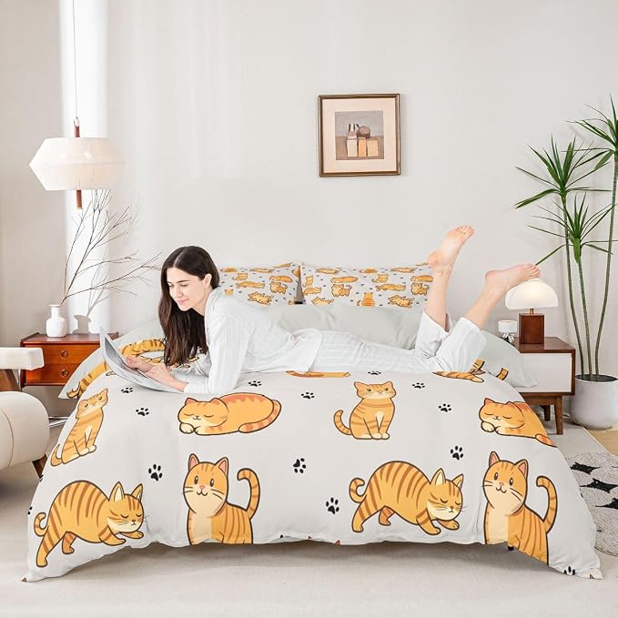 Erosebridal Cats Duvet Cover Full Cute Kitten Bedding Set Cartoon Pets Animals Comforter Cover for Kids Girls Boys Adults Paw Print Bed Set