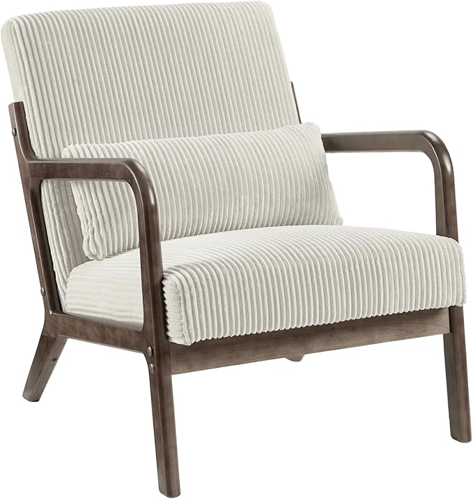 Garvee Mid-Century Modern Accent Chair, Wide-Wale Corduroy Upholstery, Solid Wood Armchair with Removable Lumbar Pillow, Sturdy Reading Chair for Living Room, Bedroom, Guest Room, Easy Assembly, Beige