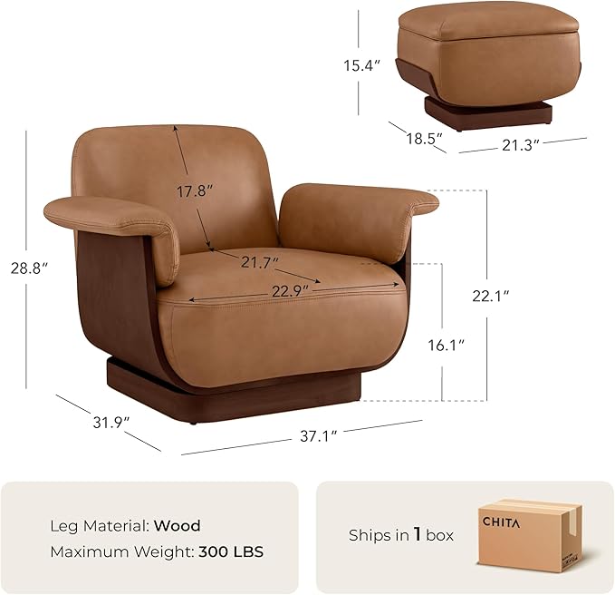 CHITA Genuine Leather Reclining Swivel Chair with Storage Ottoman, Modern Living Room Accent Chair with Lounge Seat for Bedroom, Office, Saddle