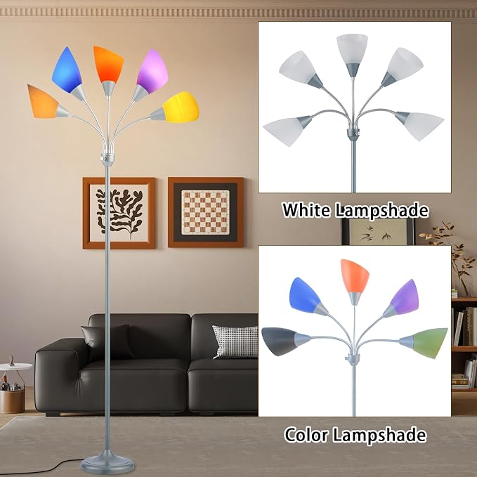 Medusa Floor Lamp, Multi Head 5 Light Floor Lamps for Living Room with 10 Lampshade, Adjustable Neck Reading Standing Lamp for Bedroom,Office,Kids,Classroom (Sliver)