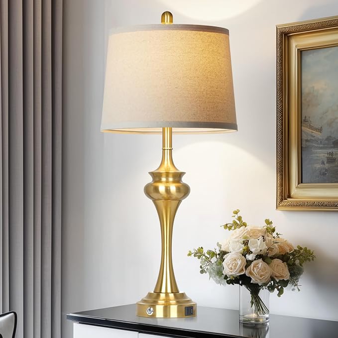 Rinweey 30 Inch Single Table Lamp for Bedside, 3-Way Touch Control Bedroom Table Lamp with USB A+C Ports, Tall Living Room Lamps for End Table, Modern Brass Lamps for Nightstand Desk Office, Gold