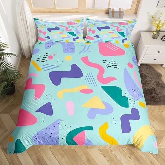 Cow Print Duvet Cover 80s and 90s Hip Hop Bedding Set,Hipster Funky Comforter Cover Eighties Fashion Style Geometric Queen Bed Set,Round Triangle Square Diamond Artwork 1990S Memphis Home Decor