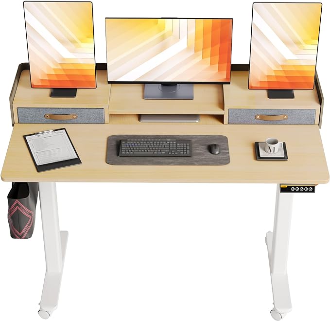 Claiks Standing Desk with Drawers, Stand Up Electric Standing Desk Adjustable Height, Sit Stand Desk with Storage Shelf and Splice Board, 55 Inch, Natural