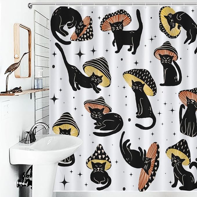 Funny Mushroom Cat Shower Curtain Retro 70s Hippie Funky Cute Cats Aesthetic Art Pattern Duty Fabric Shower Curtains Set Bathroom Polyester Waterproof with 12 Hooks, 55x72Inch（140x183cm）