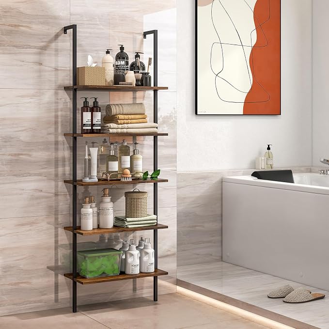 Giantex 5 Tier Wall Mounted Bookshelf Set of 2, 71'' Modern Wood Bookcase with Steel Frame, Stand Display Storage Rack Organizer Ladder Shelf for Living Room, Kitchen, Rustic Brown