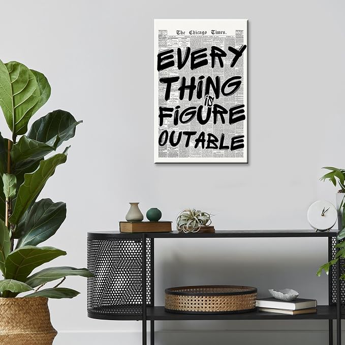 Retro Black And White Newspaper Poster Every Thing Is Figure Outable Canvas Wall Art Positive Affirming Quote Minimalist Prints Painting For Home Bedroom Dorm Wall Decor 24x36in Unframed