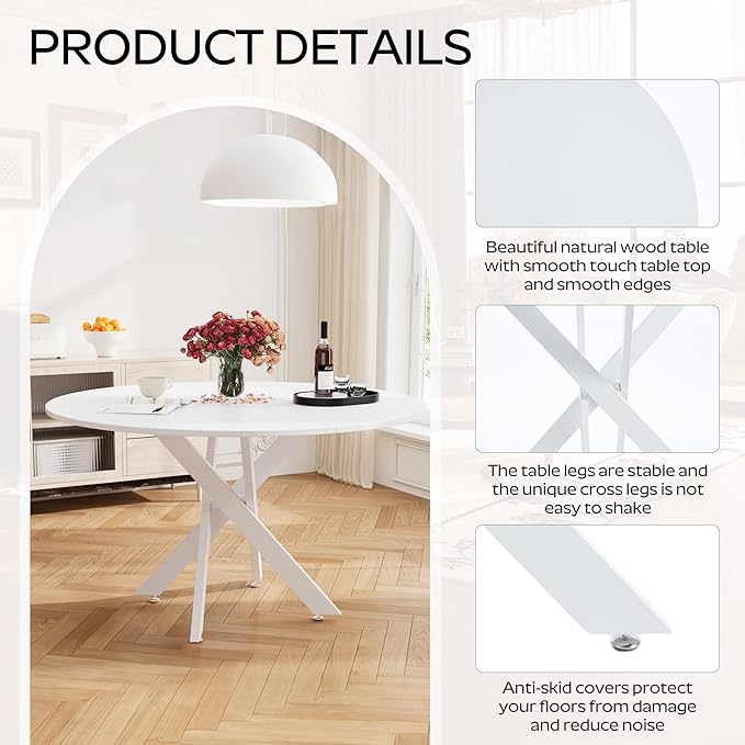 RGZ Mid Century White Round Dining Table Set for 6, 47" Large Wooden Circle Kitchen Table & 6 Light Gray PU Leather Kitchen Chairs, Dinner Table Set for Home, Apartment, Dining Room