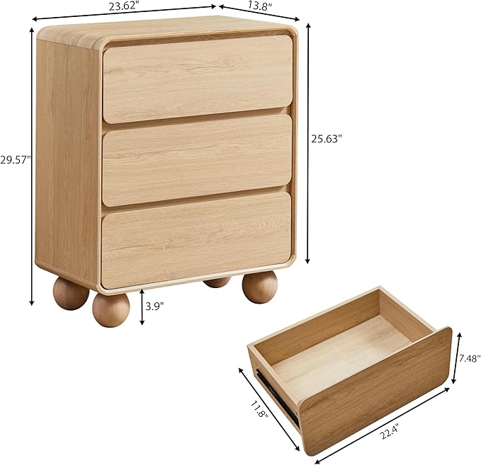 AVZEAR Modern3 Drawer Dresser for Bedroom, Curved Wooden Dresser Chest of Drawers, 3 Drawer Nightstand Closet Clothes Storage Organizer for Kids Bedroom, Living Room, Nursery, Natural