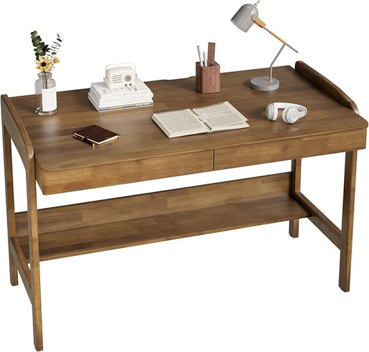 100% Solid Wood Desk with Drawers - 48 Inch Mid Century Modern Desk, Vintage Desks with Storage Shelf, Adjustable Height Writing Computer Desks with Cable Hole, Walnut Color