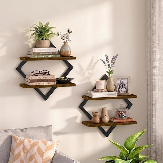 Geometric Floating Shelves Set of 2, Rustic Wall Shelves for Bedroom, Living Room & Apartment Decor, Wood & Metal Farmhouse Display Shelf for Plants, Picture Frames & Small Decor, 15 Inch