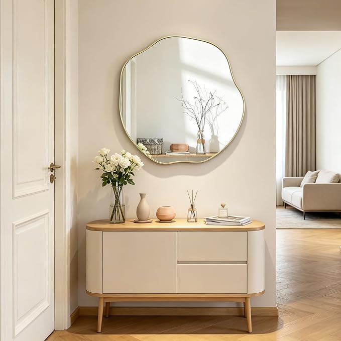 POZINO Scalloped Irregular Mirrors, 25" Asymmetrical Frameless Art Deco Mirror for Wall, Gold Wavy Decorative Accent Mirrors for Entryway Living Room Bedroom Fireplace, Horizontal or Vertical Hanging
