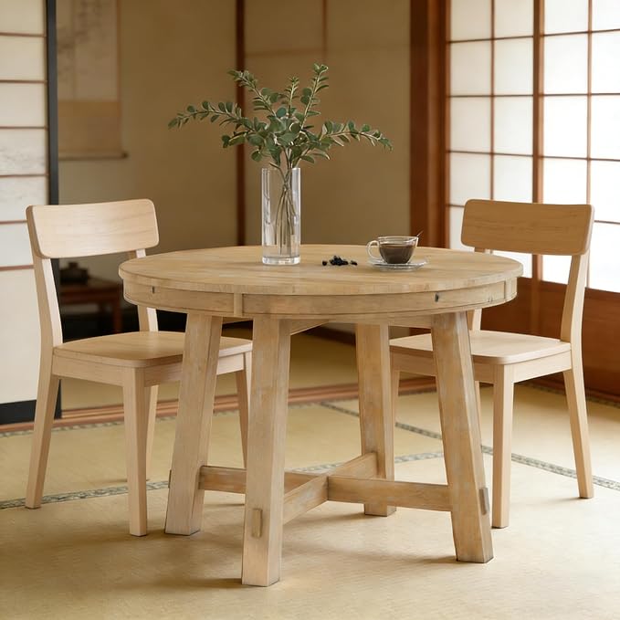 Bellemave 42"-58" Extendable Dining Table for 4-6, Solid Wood Oval Dining Kitchen Table with Removable Leaf, Farmhouse Circle Desk for Kitchen Living Room Space Saving (Natural Wood Wash)