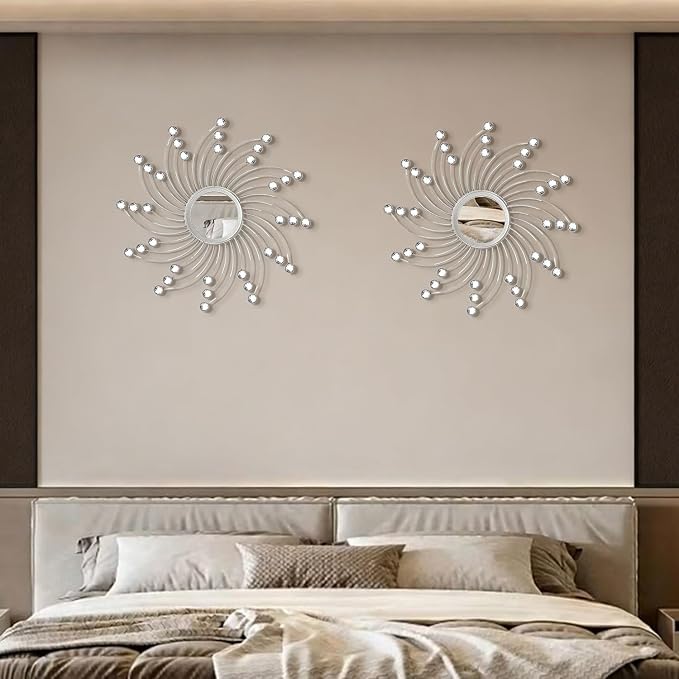 2 Pack Metal Mirrors for Wall Boho Sunburst Wall Mirror Home Decor Modern Decorative Wall Art for Bedroom Living Room Entryway