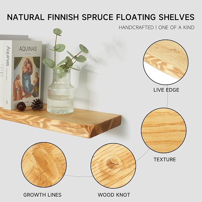 24 Inch Wooden Floating Shelves for Wall Set of 2, Finnish Spruce Solid Wood Shelf, Natural Wood Floating Shelves for Living Room, Bathroom, Bedroom, Kitchen, Natural Finish